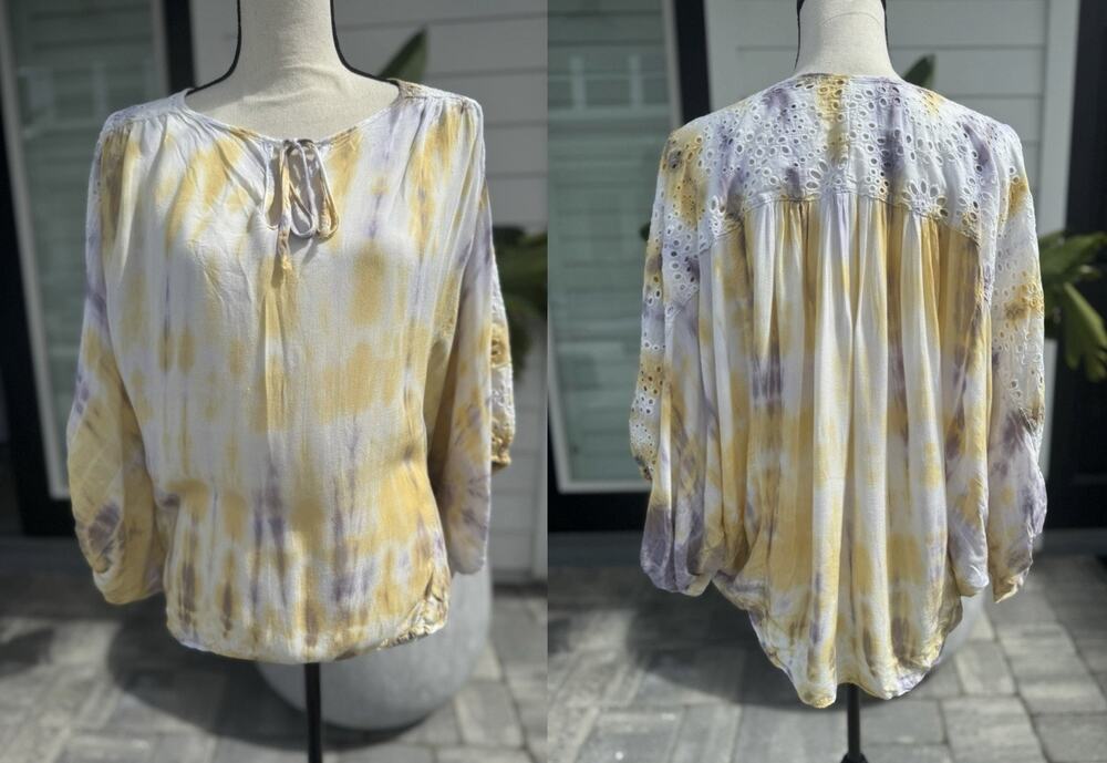 Bohemian Hippie Tie Dye Eyelet Blouse Flowing Top Medium gypsy